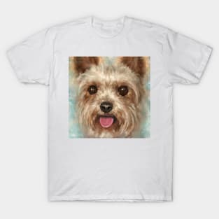 Painting of a Furry Yorkshire Terrier with Its Tongue Out on Cloudy Background T-Shirt